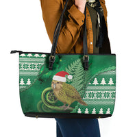 New Zealand Kakapo Christmas In July Leather Tote Bag Silver Fern Santa Xmas Green Color