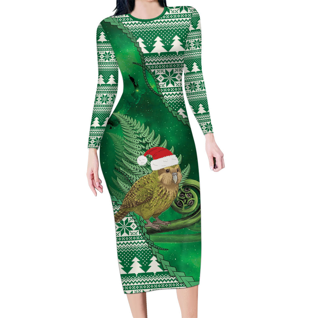 New Zealand Kakapo Christmas In July Long Sleeve Bodycon Dress Silver Fern Santa Xmas Green Color