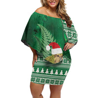 New Zealand Kakapo Christmas In July Off Shoulder Short Dress Silver Fern Santa Xmas Green Color