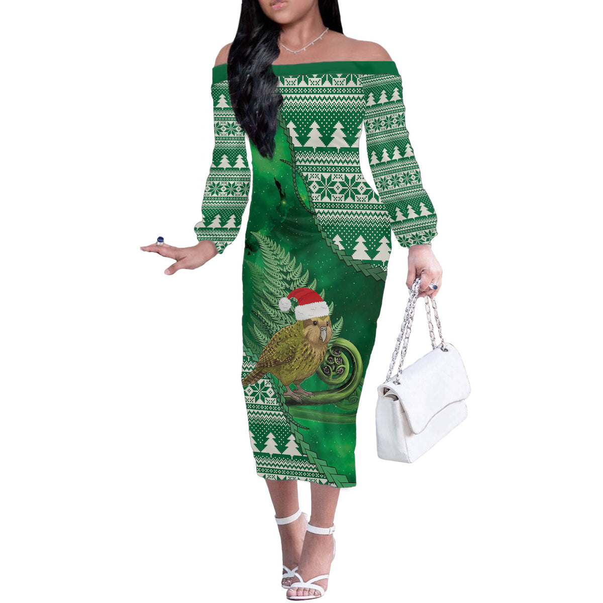 New Zealand Kakapo Christmas In July Off The Shoulder Long Sleeve Dress Silver Fern Santa Xmas Green Color