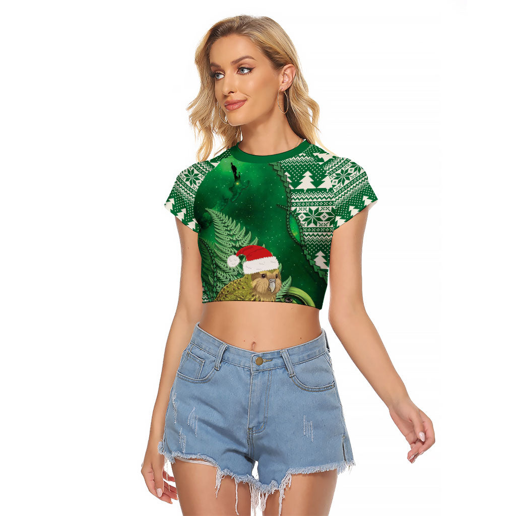New Zealand Kakapo Christmas In July Raglan Cropped T Shirt Silver Fern Santa Xmas Green Color