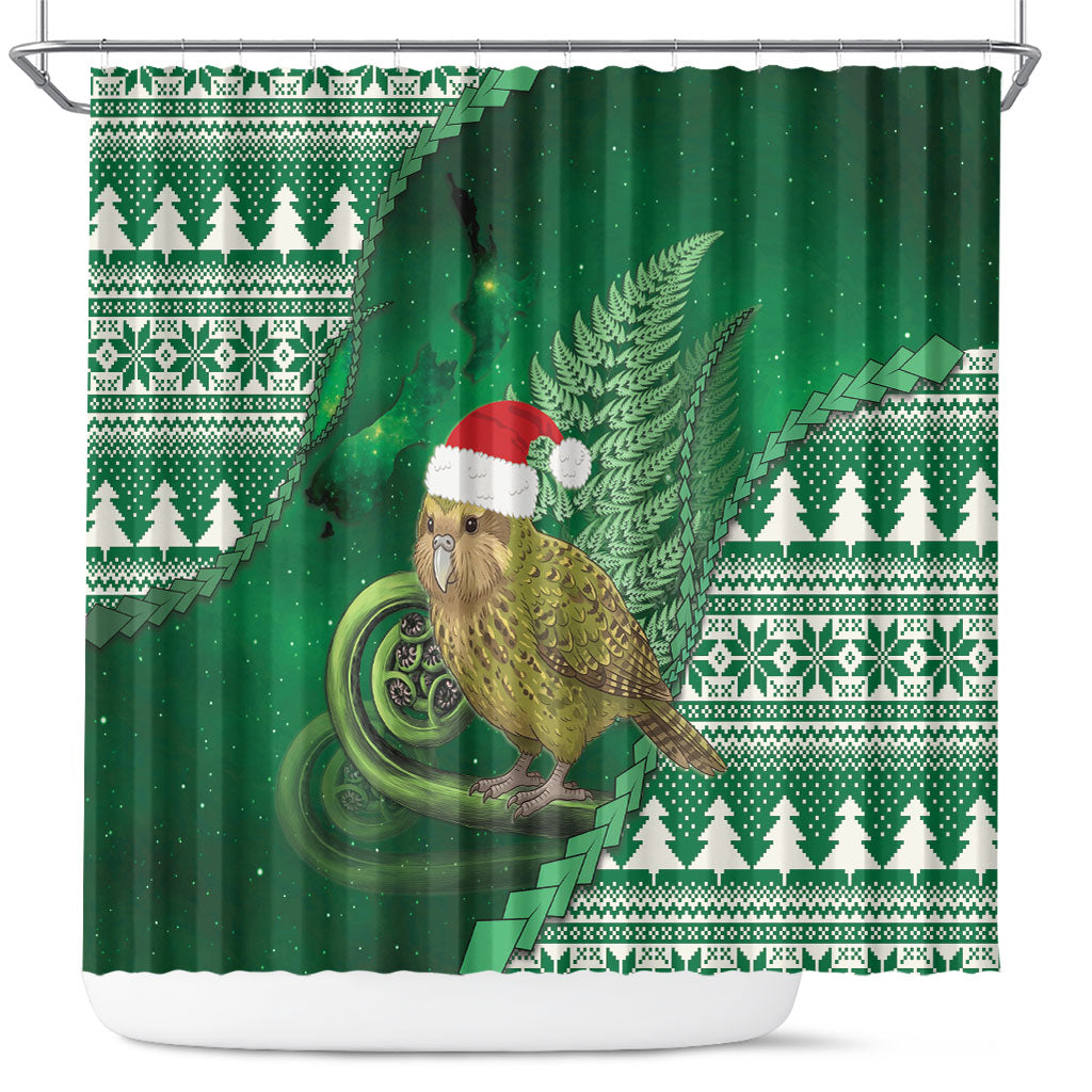 New Zealand Kakapo Christmas In July Shower Curtain Silver Fern Santa Xmas Green Color
