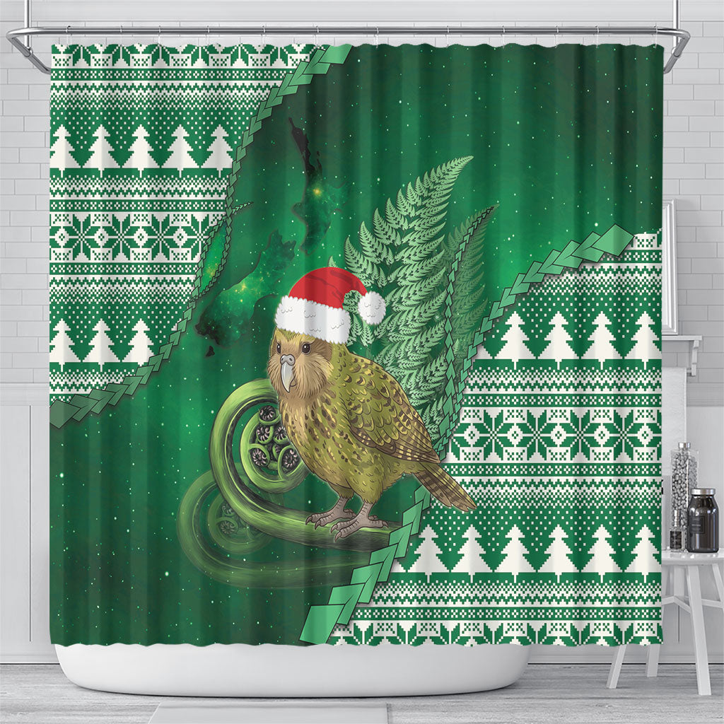New Zealand Kakapo Christmas In July Shower Curtain Silver Fern Santa Xmas Green Color