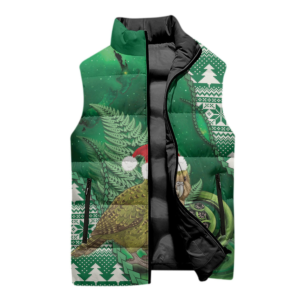 New Zealand Kakapo Christmas In July Sleeveless Puffer Jacket Silver Fern Santa Xmas Green Color