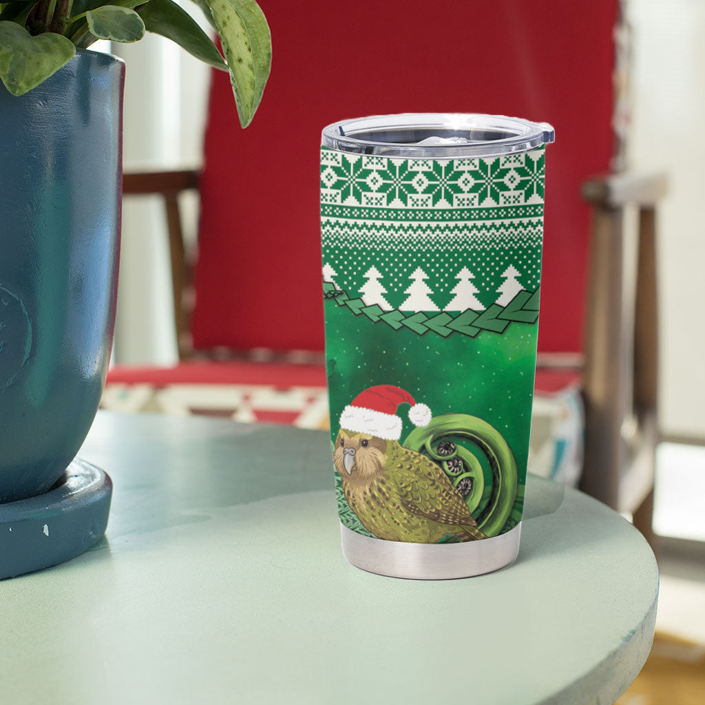 New Zealand Kakapo Christmas In July Tumbler Cup Silver Fern Santa Xmas Green Color