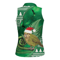 New Zealand Kakapo Christmas In July Women Sleeveless Polo Shirt Silver Fern Santa Xmas Green Color