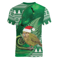 New Zealand Kakapo Christmas In July Women V-Neck T-Shirt Silver Fern Santa Xmas Green Color