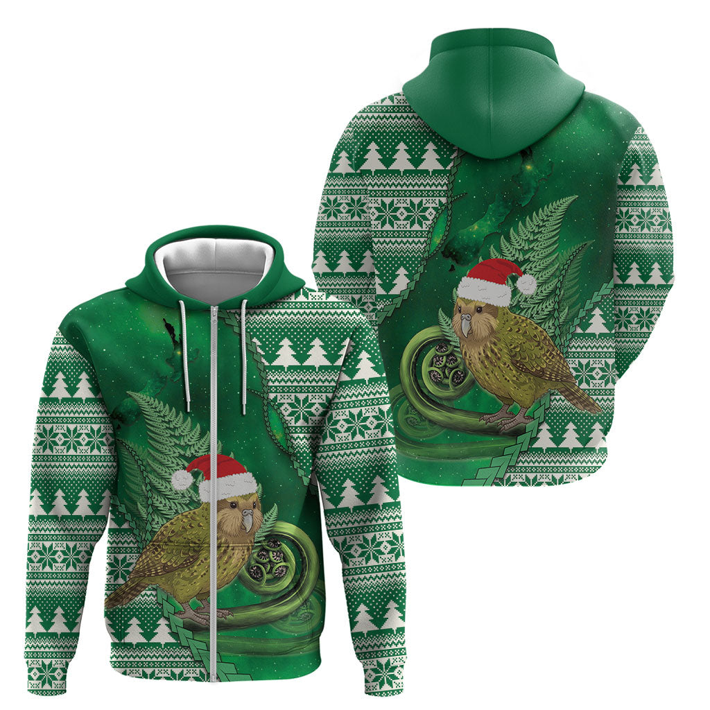 New Zealand Kakapo Christmas In July Zip Hoodie Silver Fern Santa Xmas Green Color