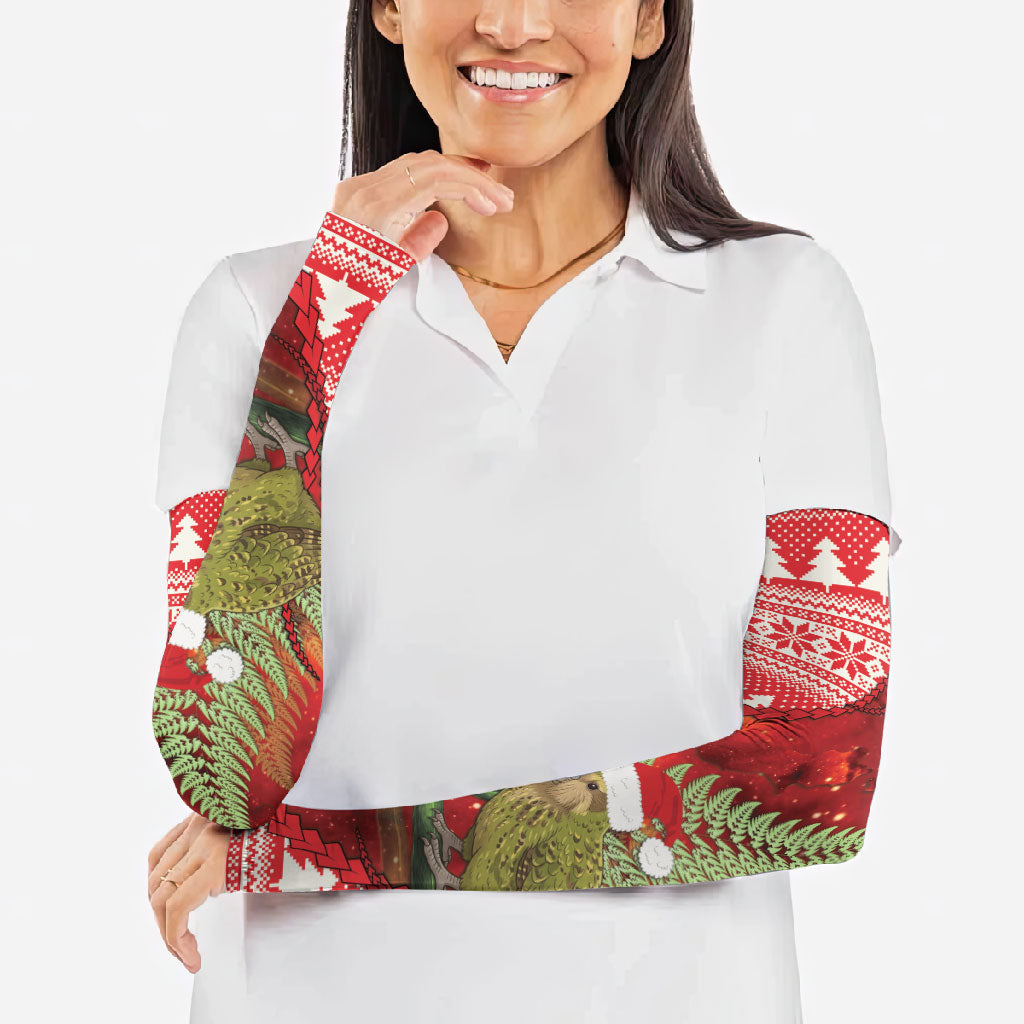 New Zealand Kakapo Christmas In July Arm Sleeves Silver Fern Santa Xmas Red Color