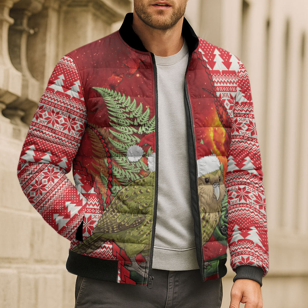 New Zealand Kakapo Christmas In July Bomber Puffer Jacket Silver Fern Santa Xmas Red Color