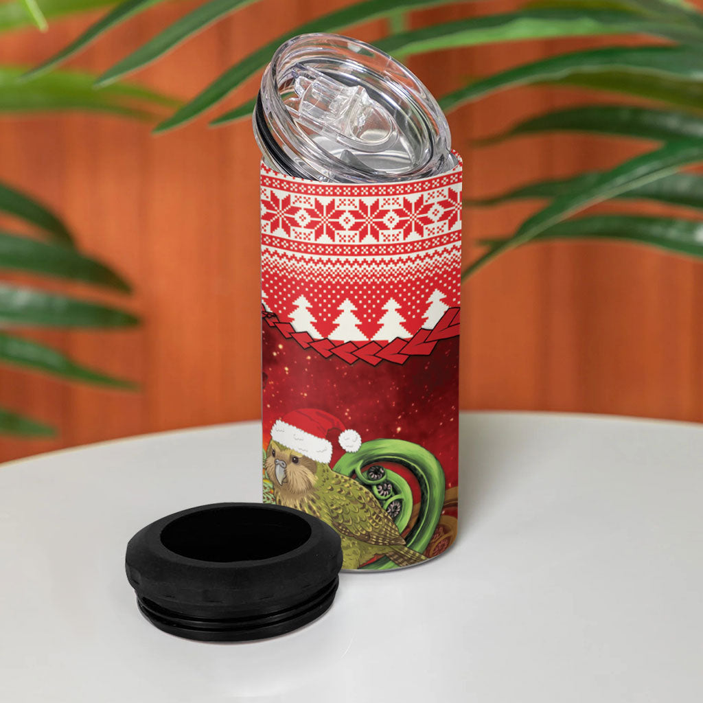 New Zealand Kakapo Christmas In July 4 in 1 Can Cooler Tumbler Silver Fern Santa Xmas Red Color