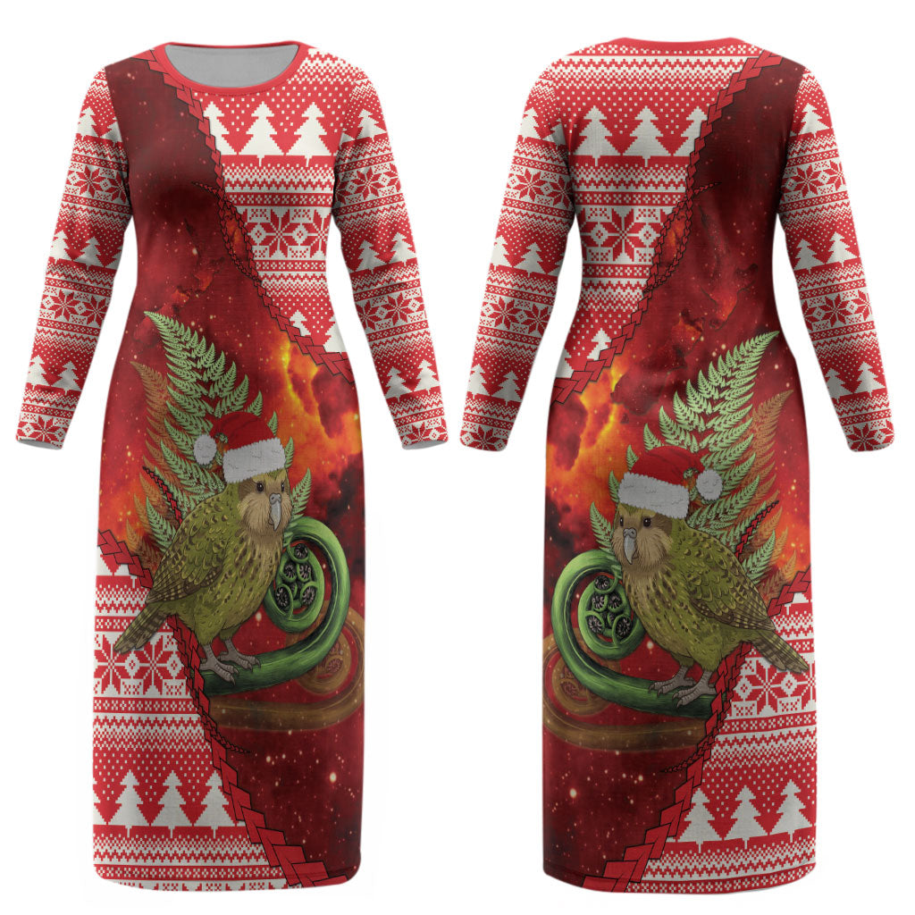 New Zealand Kakapo Christmas In July Couples Matching Long Sleeve Bodycon Dress and Hawaiian Shirt Silver Fern Santa Xmas Red Color LT22 - Polynesian Pride