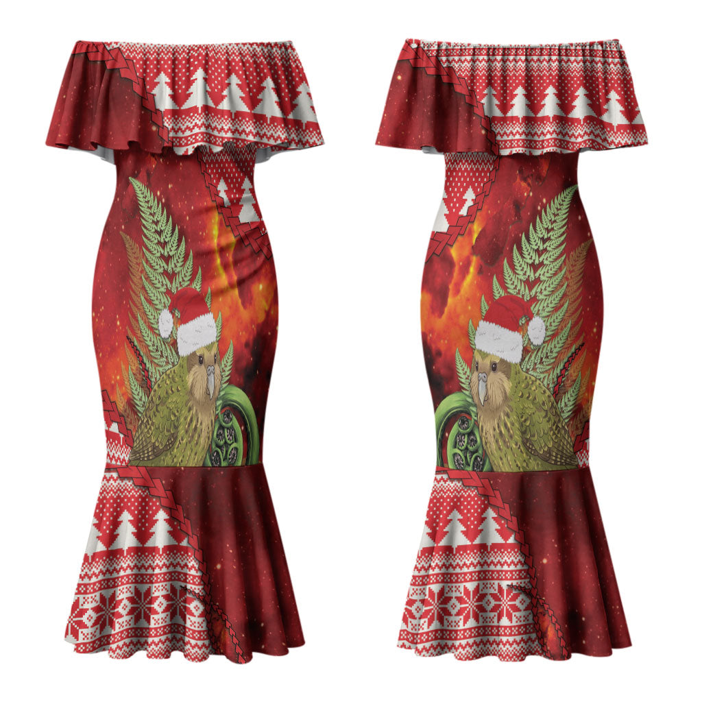 New Zealand Kakapo Christmas In July Couples Matching Mermaid Dress and Long Sleeve Button Shirt Silver Fern Santa Xmas Red Color LT22 - Polynesian Pride
