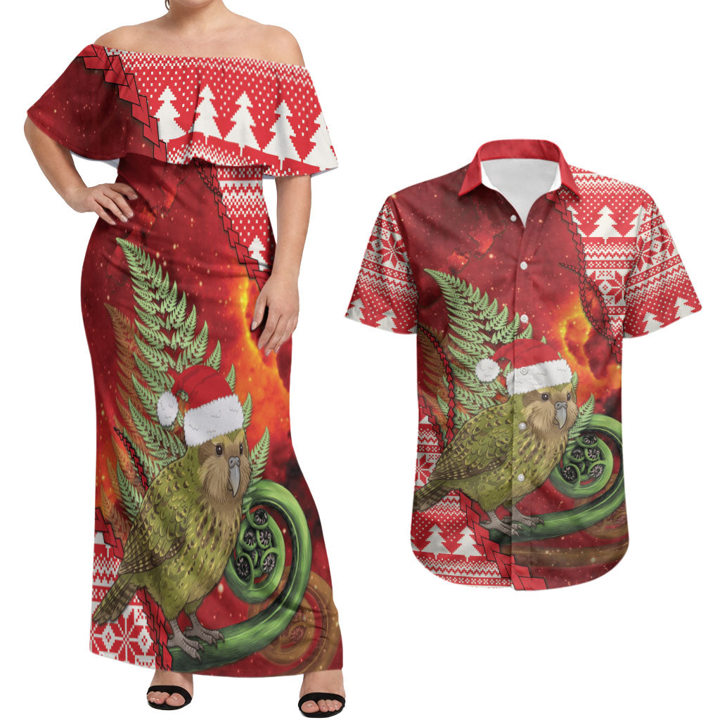 New Zealand Kakapo Christmas In July Couples Matching Off Shoulder Maxi Dress and Hawaiian Shirt Silver Fern Santa Xmas Red Color LT22 Red - Polynesian Pride