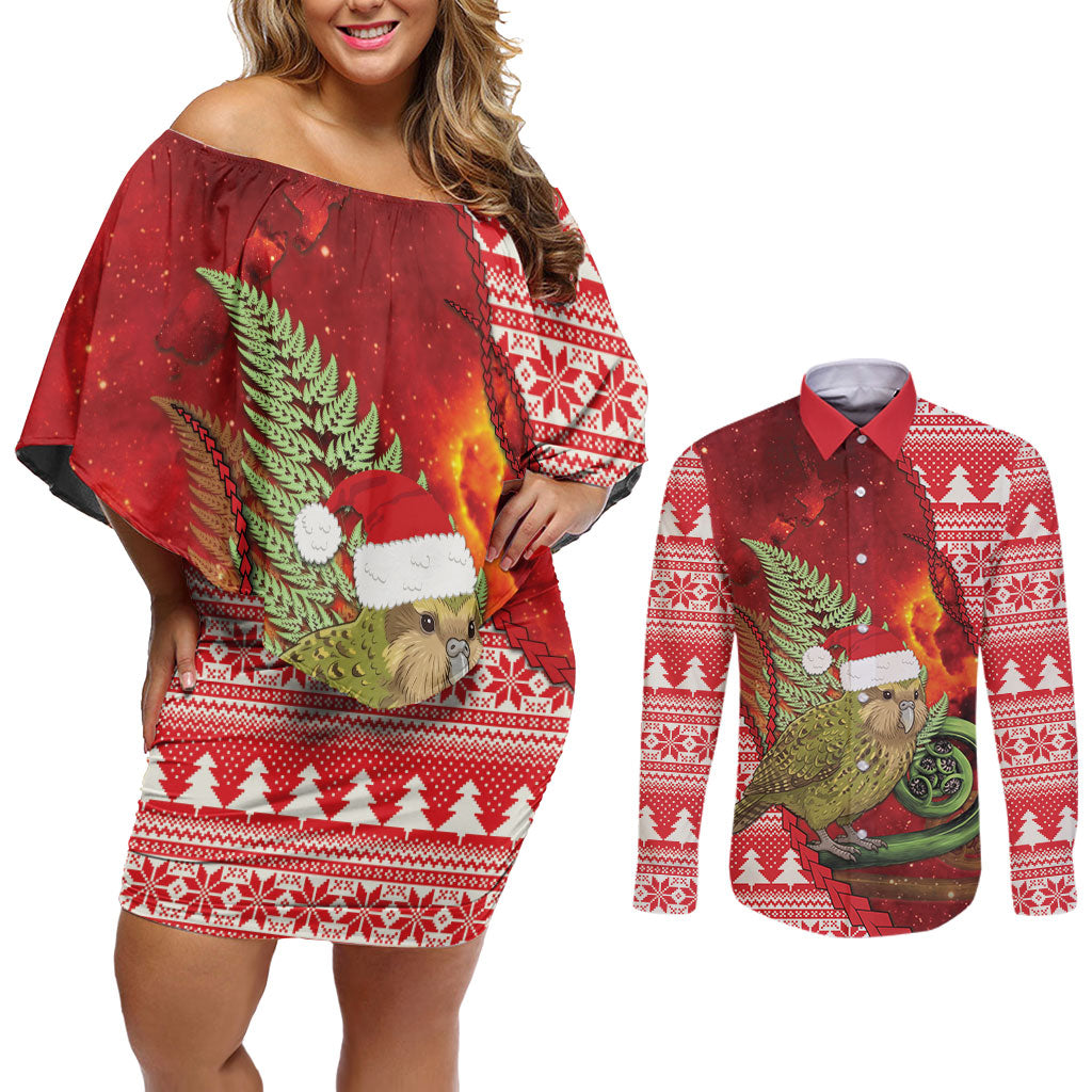 New Zealand Kakapo Christmas In July Couples Matching Off Shoulder Short Dress and Long Sleeve Button Shirt Silver Fern Santa Xmas Red Color