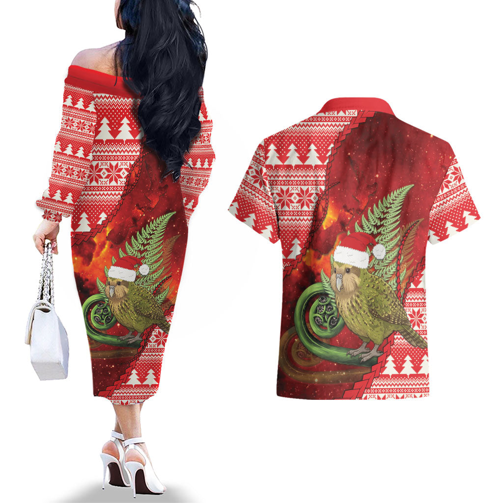 New Zealand Kakapo Christmas In July Couples Matching Off The Shoulder Long Sleeve Dress and Hawaiian Shirt Silver Fern Santa Xmas Red Color