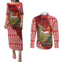 New Zealand Kakapo Christmas In July Couples Matching Puletasi and Long Sleeve Button Shirt Silver Fern Santa Xmas Red Color