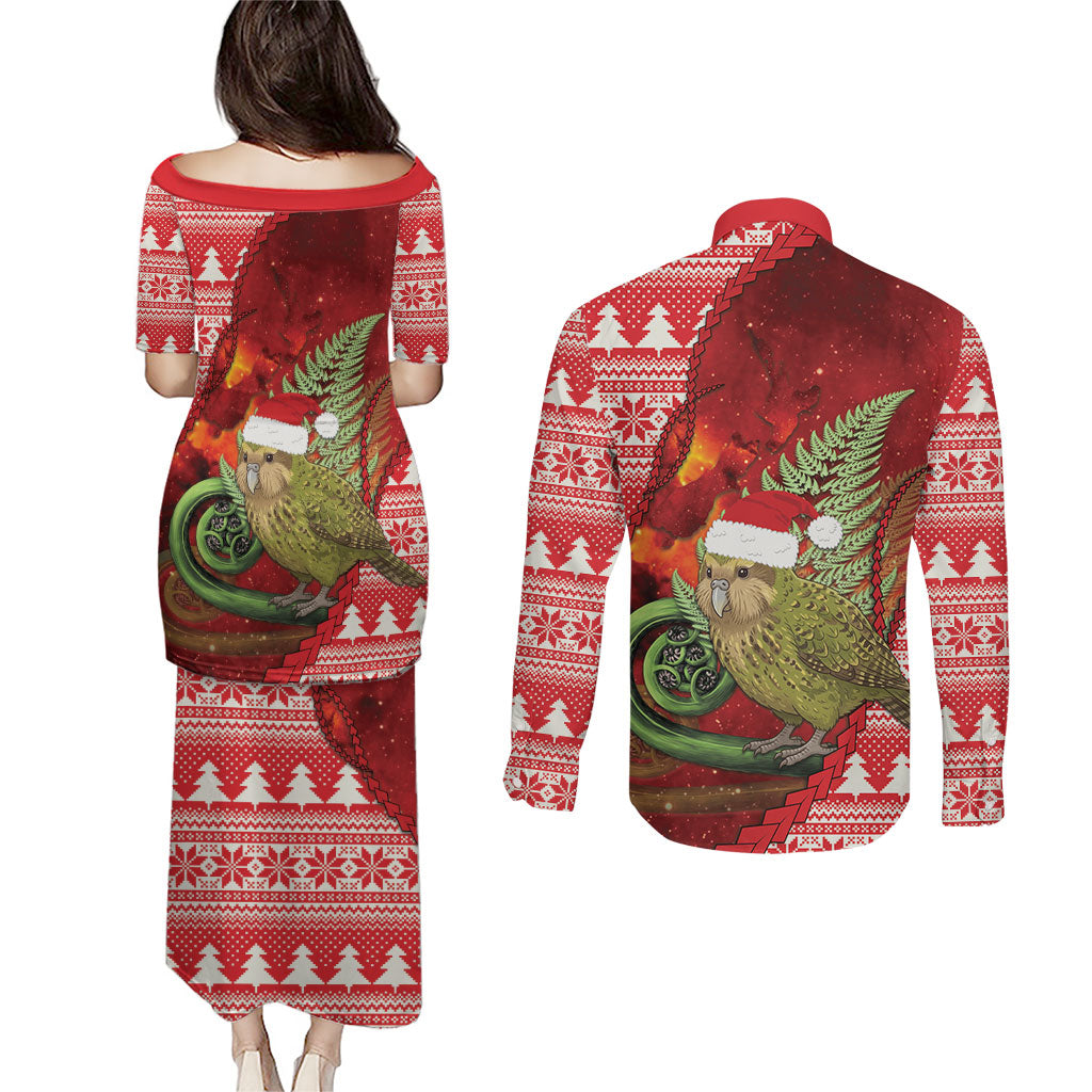 New Zealand Kakapo Christmas In July Couples Matching Puletasi and Long Sleeve Button Shirt Silver Fern Santa Xmas Red Color