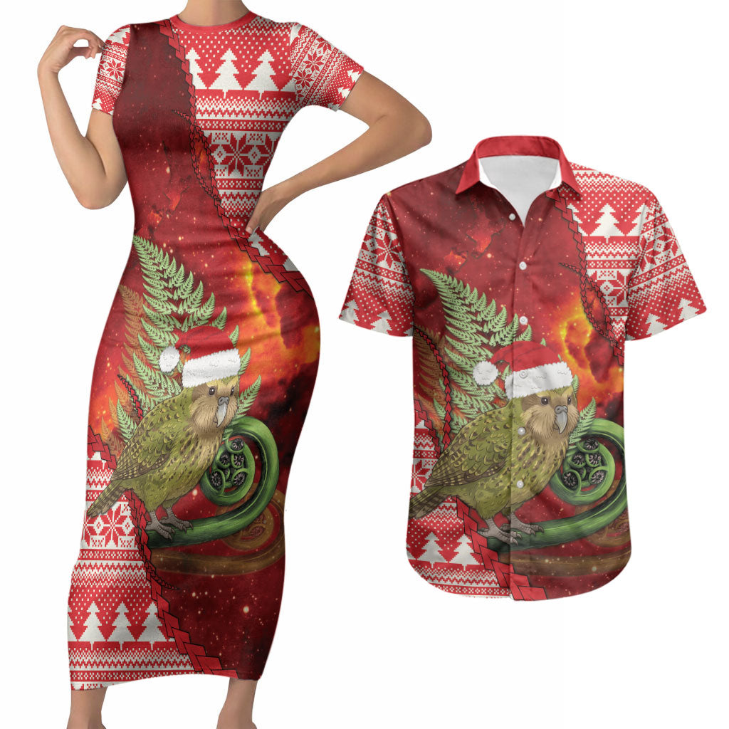 New Zealand Kakapo Christmas In July Couples Matching Short Sleeve Bodycon Dress and Hawaiian Shirt Silver Fern Santa Xmas Red Color LT22 Red - Polynesian Pride