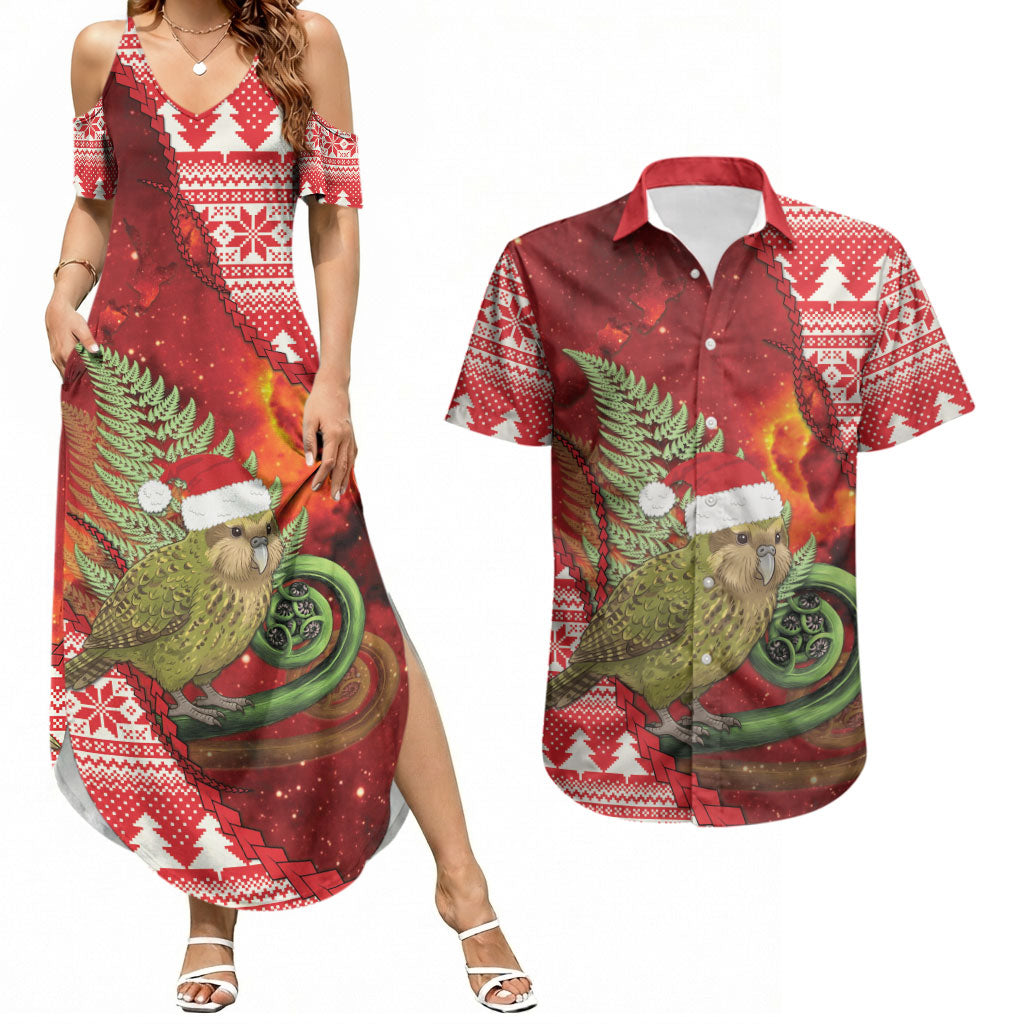 New Zealand Kakapo Christmas In July Couples Matching Summer Maxi Dress and Hawaiian Shirt Silver Fern Santa Xmas Red Color LT22 Red - Polynesian Pride