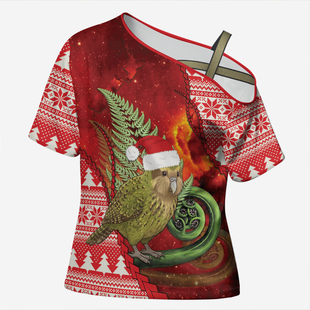 New Zealand Kakapo Christmas In July Cross Shoulder Shirt Silver Fern Santa Xmas Red Color