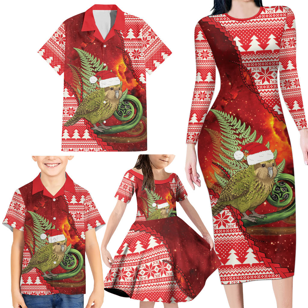 New Zealand Kakapo Christmas In July Family Matching Long Sleeve Bodycon Dress and Hawaiian Shirt Silver Fern Santa Xmas Red Color
