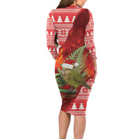 New Zealand Kakapo Christmas In July Family Matching Long Sleeve Bodycon Dress and Hawaiian Shirt Silver Fern Santa Xmas Red Color