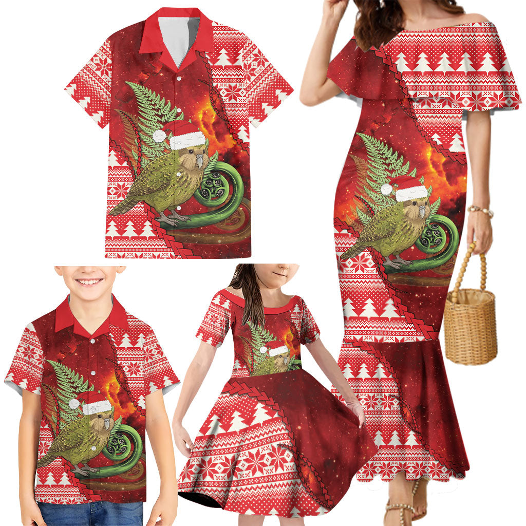 New Zealand Kakapo Christmas In July Family Matching Mermaid Dress and Hawaiian Shirt Silver Fern Santa Xmas Red Color