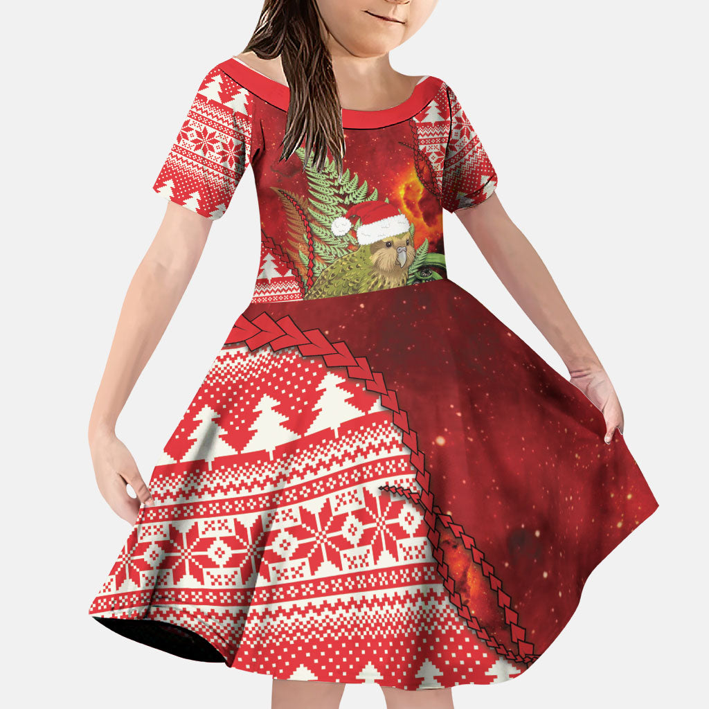 New Zealand Kakapo Christmas In July Family Matching Off The Shoulder Long Sleeve Dress and Hawaiian Shirt Silver Fern Santa Xmas Red Color