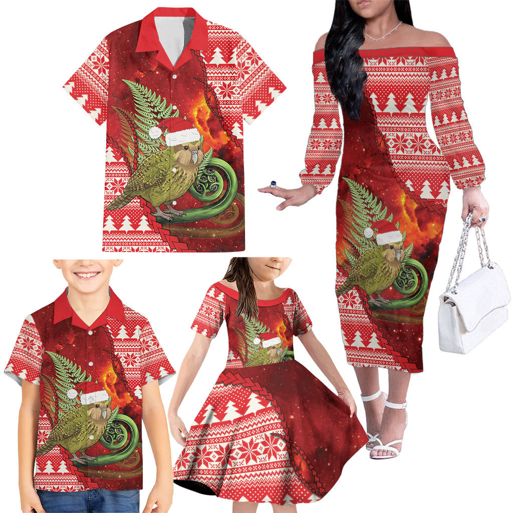 New Zealand Kakapo Christmas In July Family Matching Off The Shoulder Long Sleeve Dress and Hawaiian Shirt Silver Fern Santa Xmas Red Color