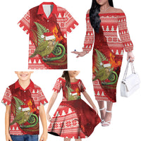 New Zealand Kakapo Christmas In July Family Matching Off The Shoulder Long Sleeve Dress and Hawaiian Shirt Silver Fern Santa Xmas Red Color