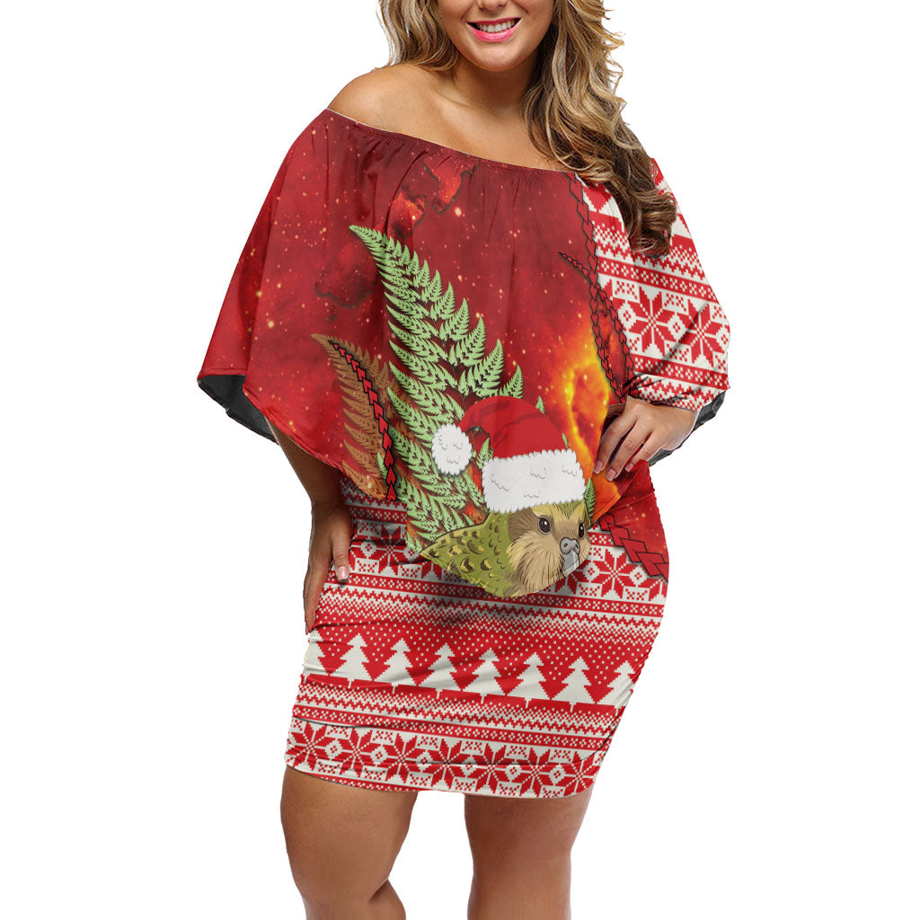 New Zealand Kakapo Christmas In July Family Matching Off Shoulder Short Dress and Hawaiian Shirt Silver Fern Santa Xmas Red Color
