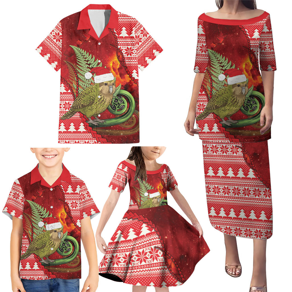 New Zealand Kakapo Christmas In July Family Matching Puletasi and Hawaiian Shirt Silver Fern Santa Xmas Red Color
