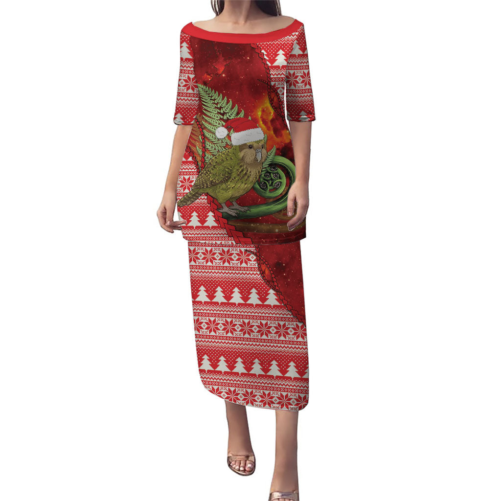 New Zealand Kakapo Christmas In July Family Matching Puletasi and Hawaiian Shirt Silver Fern Santa Xmas Red Color