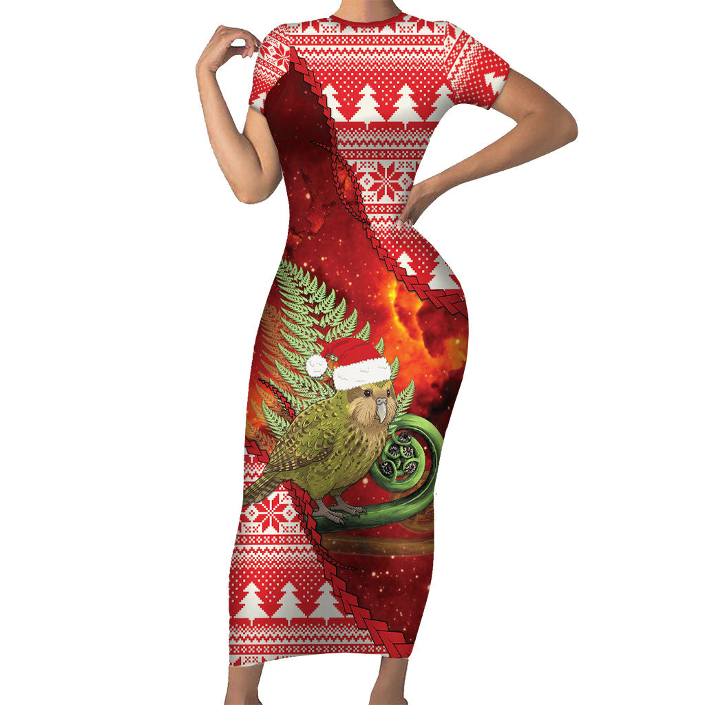 New Zealand Kakapo Christmas In July Family Matching Short Sleeve Bodycon Dress and Hawaiian Shirt Silver Fern Santa Xmas Red Color