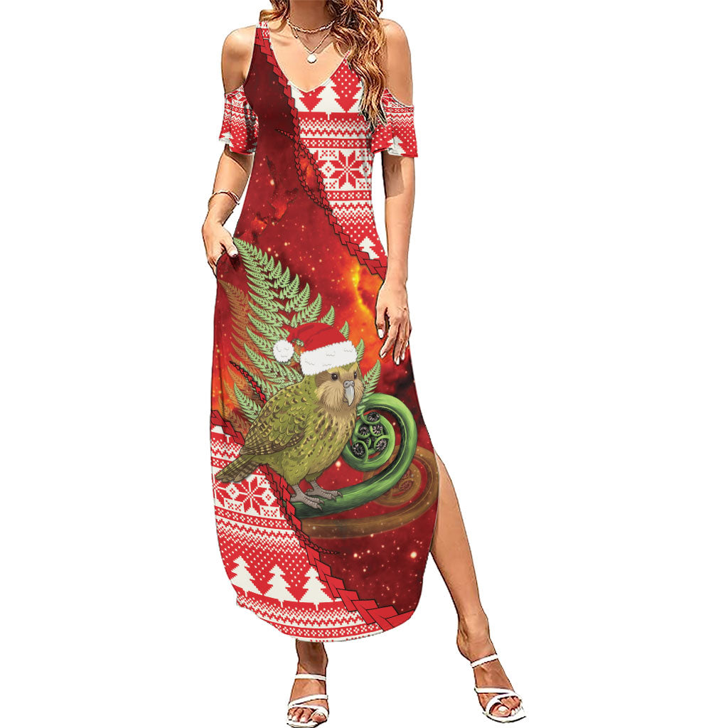 New Zealand Kakapo Christmas In July Family Matching Summer Maxi Dress and Hawaiian Shirt Silver Fern Santa Xmas Red Color