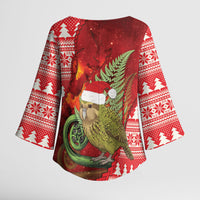 New Zealand Kakapo Christmas In July Kimono Sleeve Blouse Silver Fern Santa Xmas Red Color