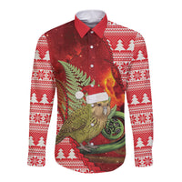 New Zealand Kakapo Christmas In July Long Sleeve Button Shirt Silver Fern Santa Xmas Red Color
