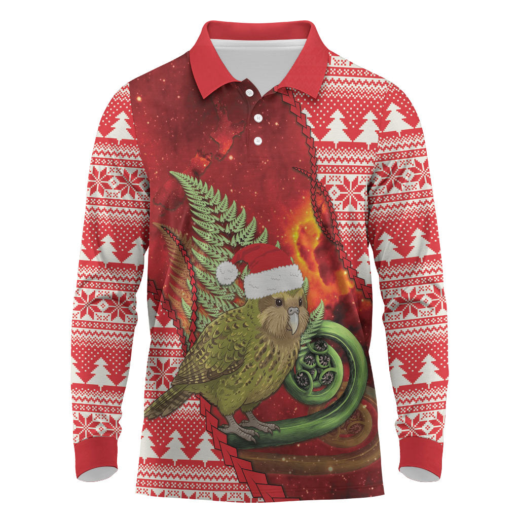 New Zealand Kakapo Christmas In July Long Sleeve Polo Shirt Silver Fern Santa Xmas Red Color