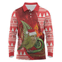 New Zealand Kakapo Christmas In July Long Sleeve Polo Shirt Silver Fern Santa Xmas Red Color