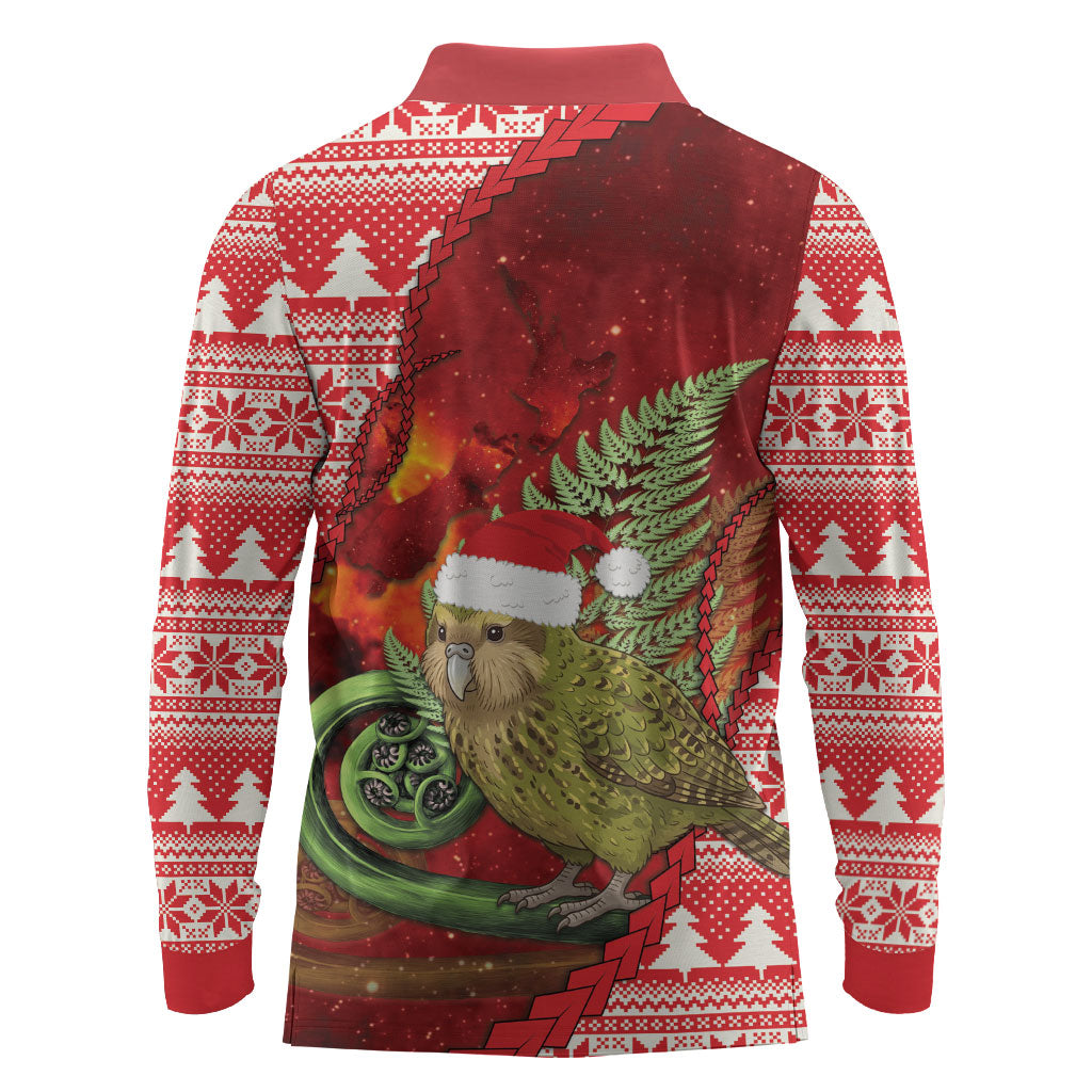 New Zealand Kakapo Christmas In July Long Sleeve Polo Shirt Silver Fern Santa Xmas Red Color