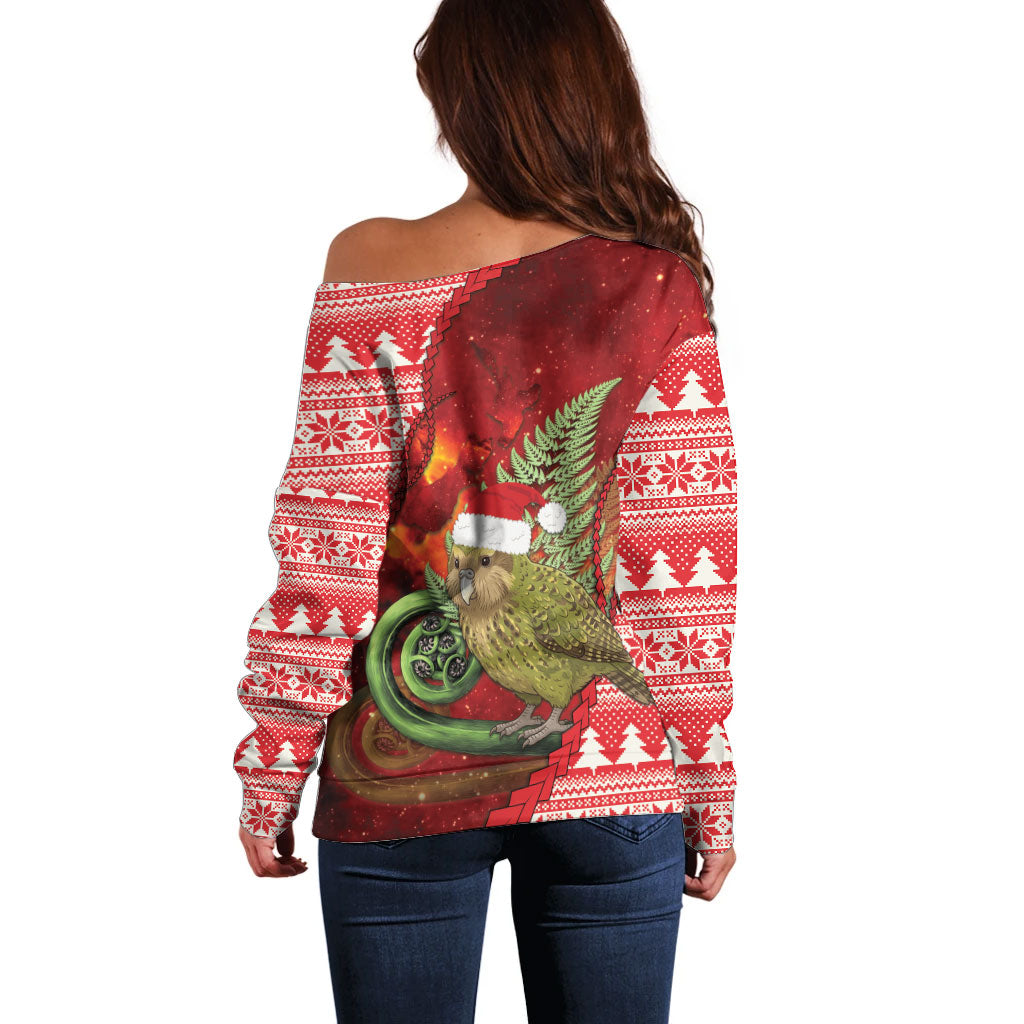 New Zealand Kakapo Christmas In July Off Shoulder Sweater Silver Fern Santa Xmas Red Color