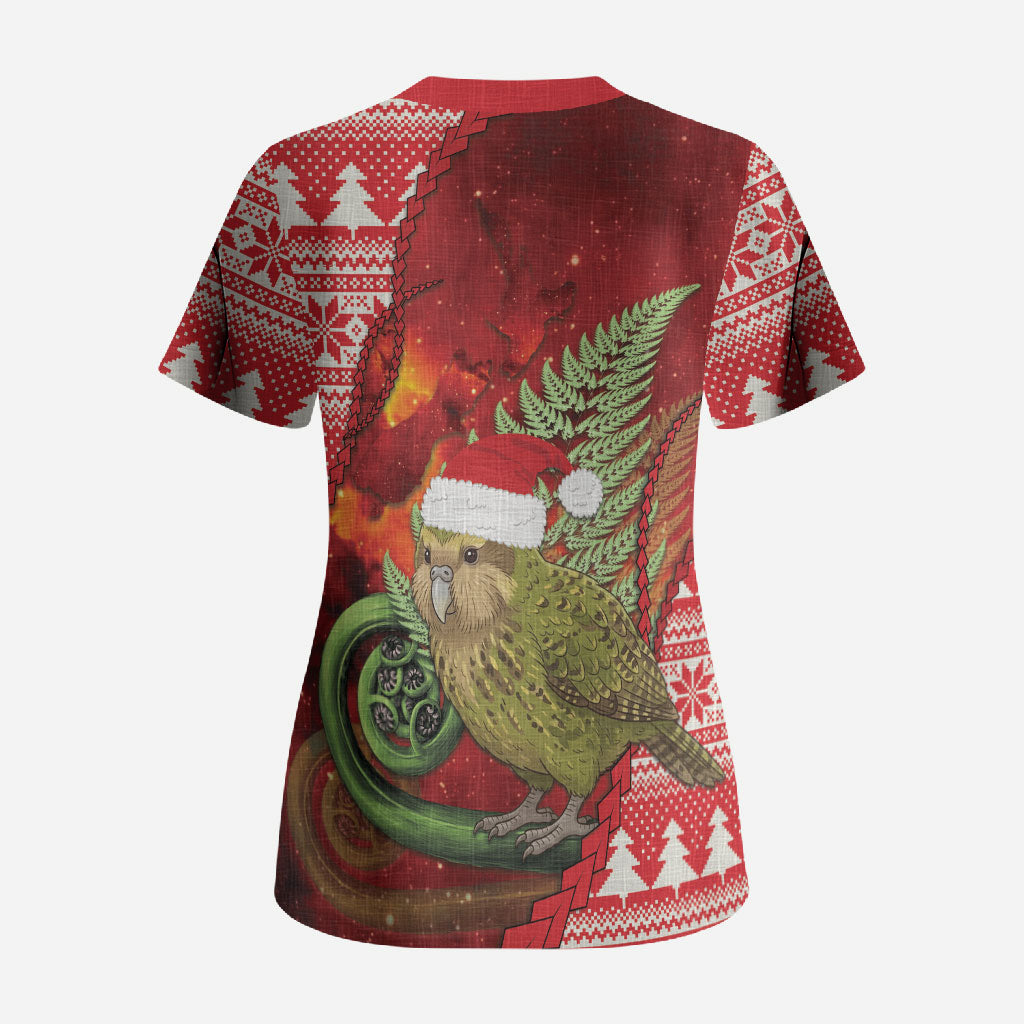 New Zealand Kakapo Christmas In July Scrub Top Silver Fern Santa Xmas Red Color