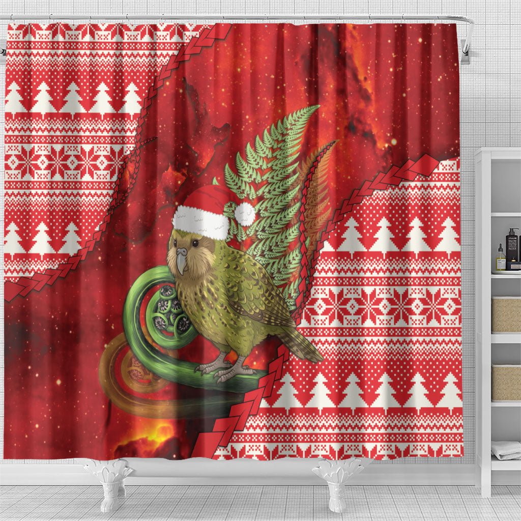 New Zealand Kakapo Christmas In July Shower Curtain Silver Fern Santa Xmas Red Color