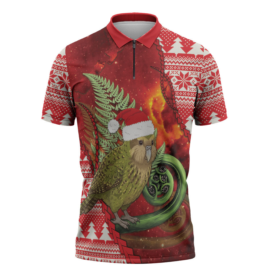 New Zealand Kakapo Christmas In July Zipper Polo Shirt Silver Fern Santa Xmas Red Color