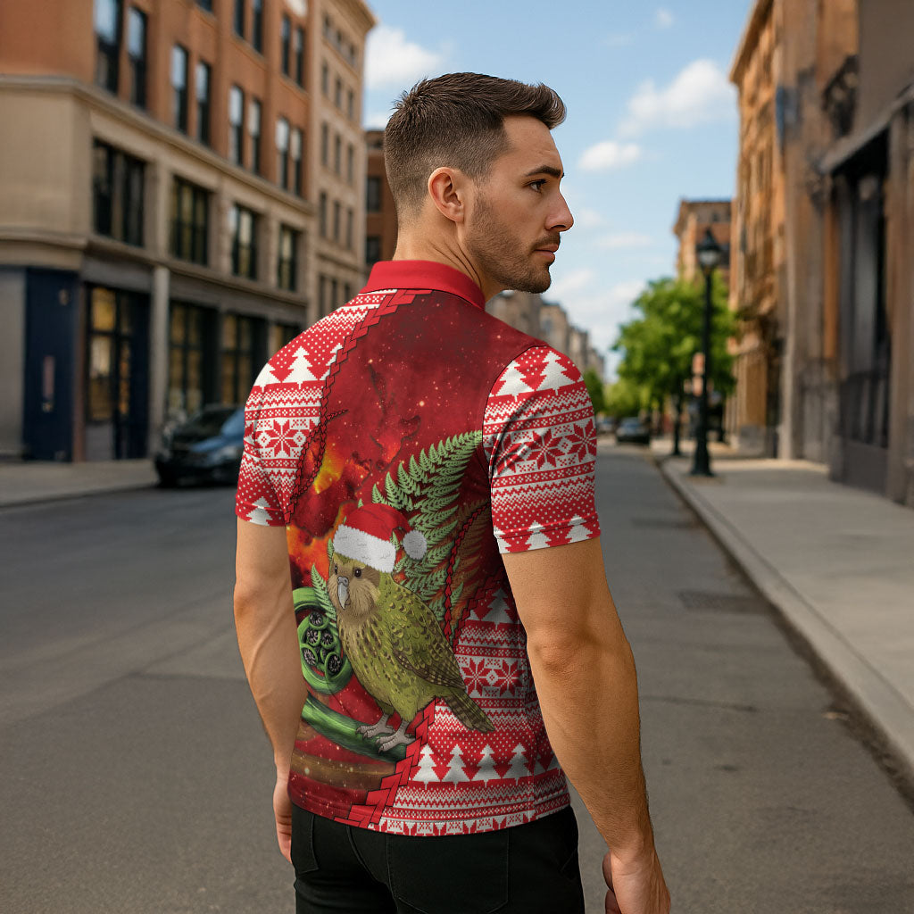 New Zealand Kakapo Christmas In July Zipper Polo Shirt Silver Fern Santa Xmas Red Color