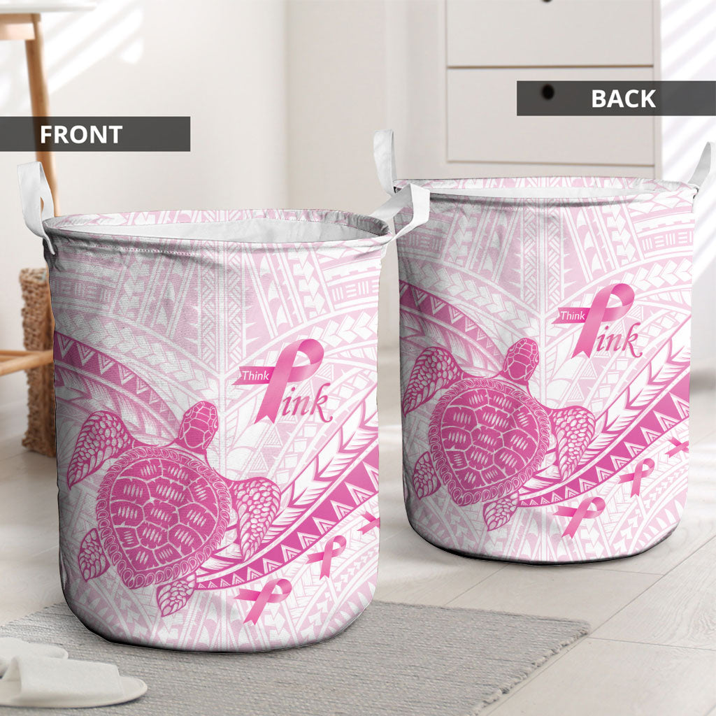 Breast Cancer Awareness Laundry Basket Pink Ribbon Turtle Polynesian Pattern White