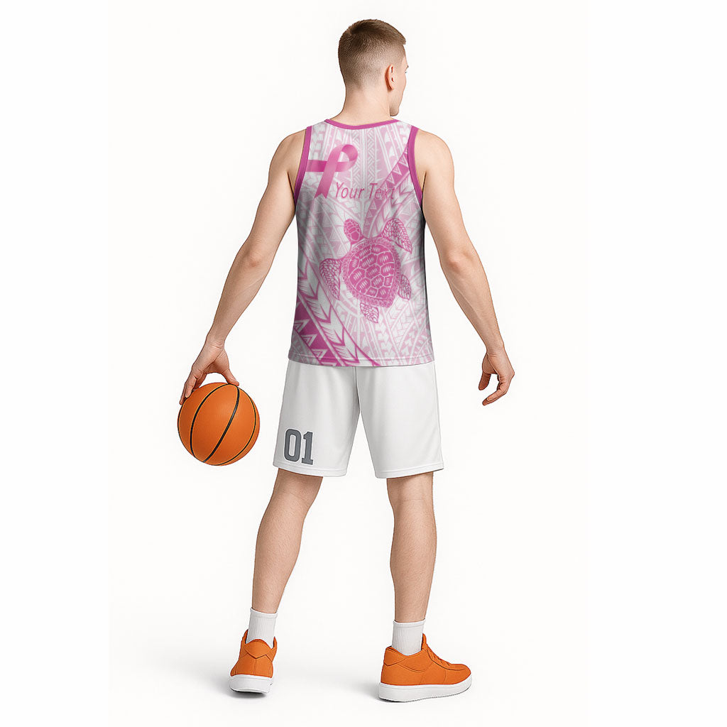 Breast Cancer Awareness Personalised Basketball Jersey Pink Ribbon Turtle Polynesian Pattern White