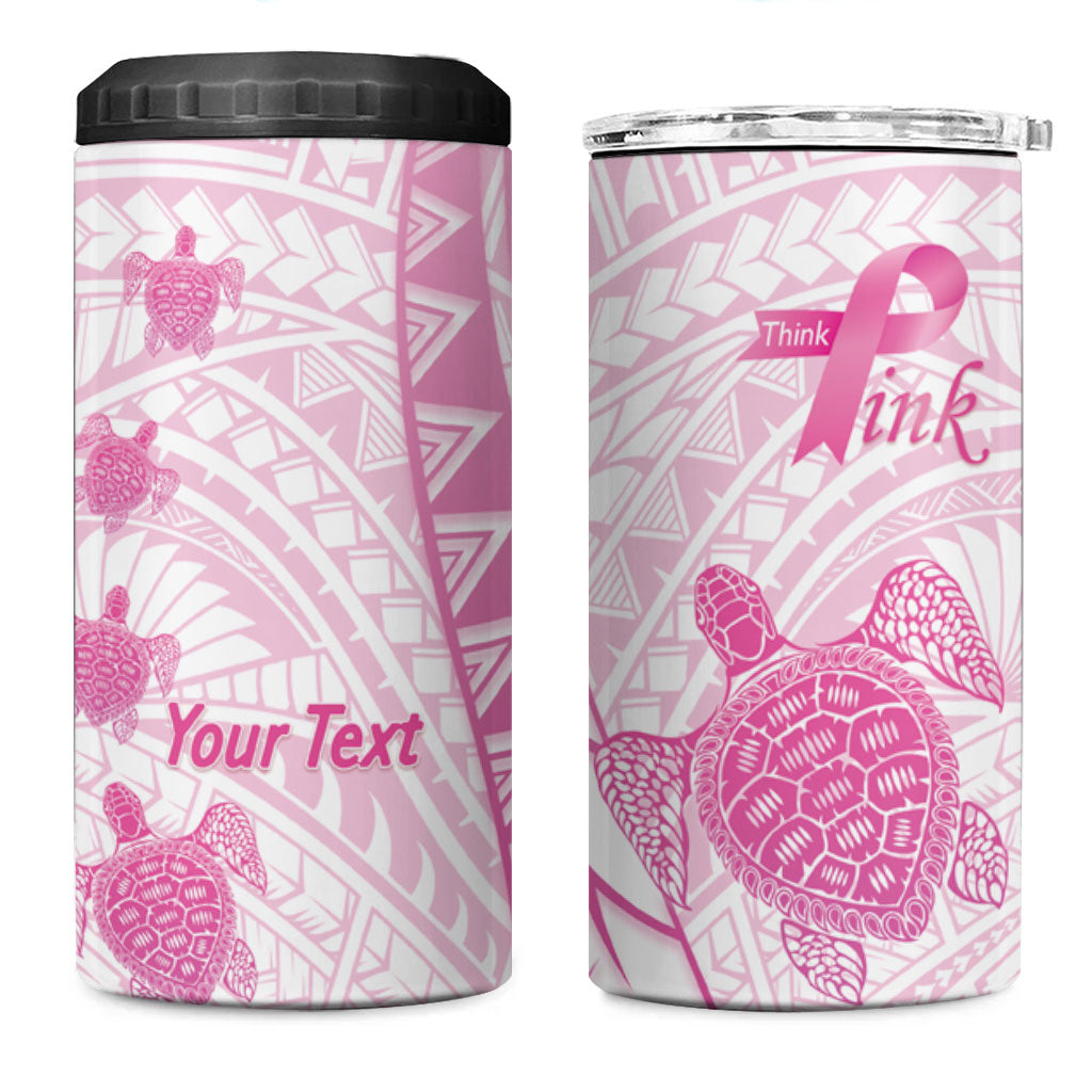 Breast Cancer Awareness Personalised 4 in 1 Can Cooler Tumbler Pink Ribbon Turtle Polynesian Pattern White