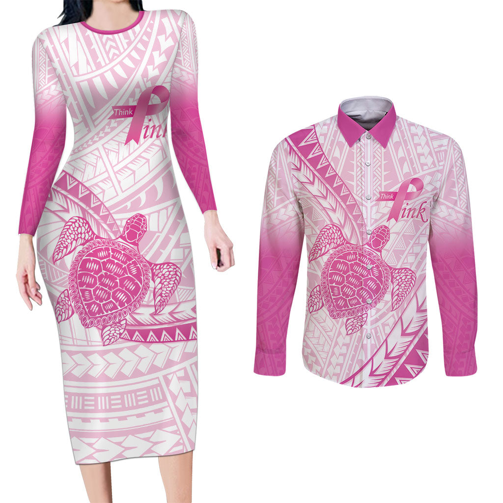 Breast Cancer Awareness Personalised Couples Matching Long Sleeve Bodycon Dress and Long Sleeve Button Shirt Pink Ribbon Turtle Polynesian Pattern White